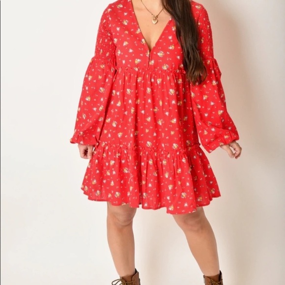Billabong x Wrangler Falling for You Floral V-Neck Red Long Sleeve Mini Dress - Picture 5 of 16